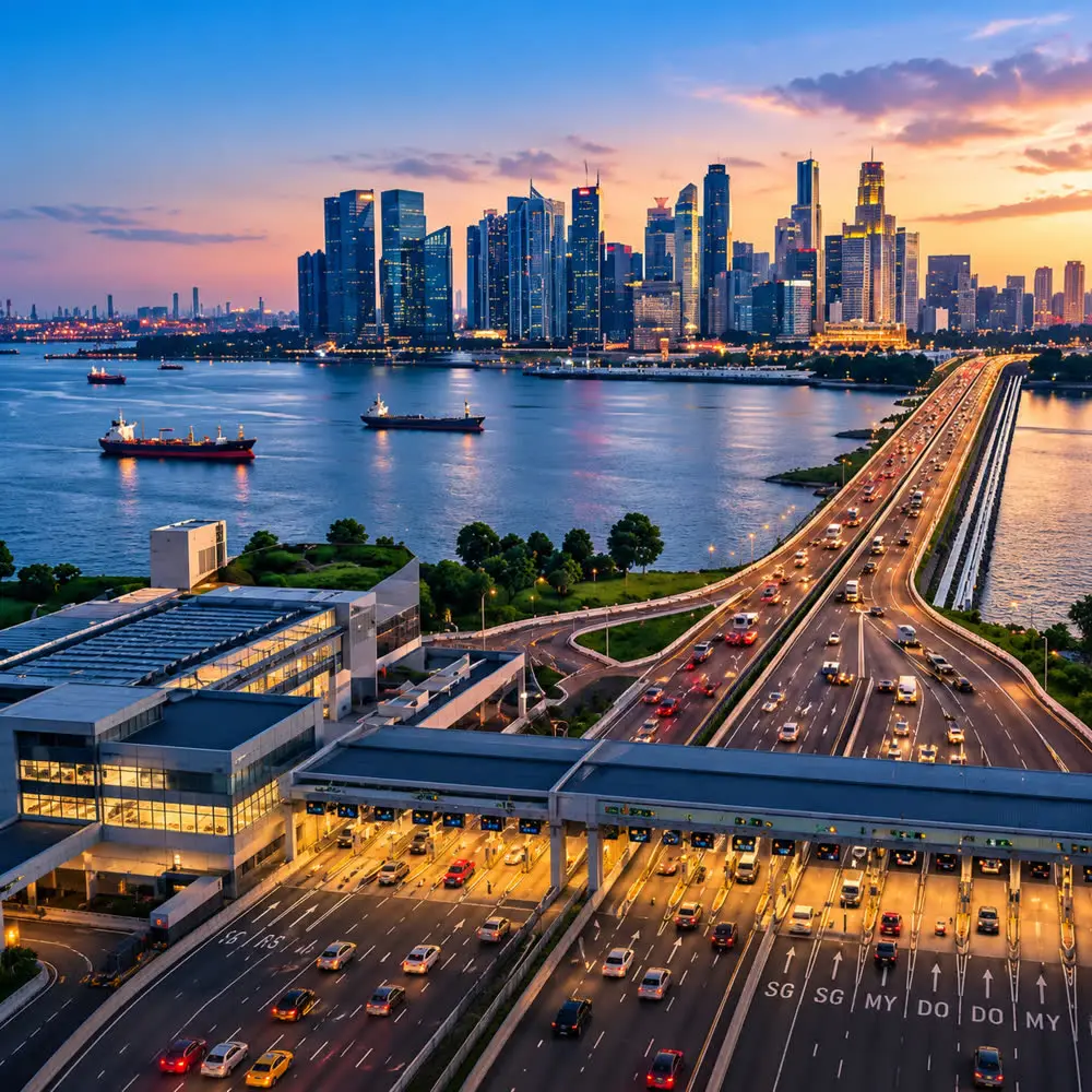 Traffic at the Johor–Singapore checkpoint with the Singapore skyline behind