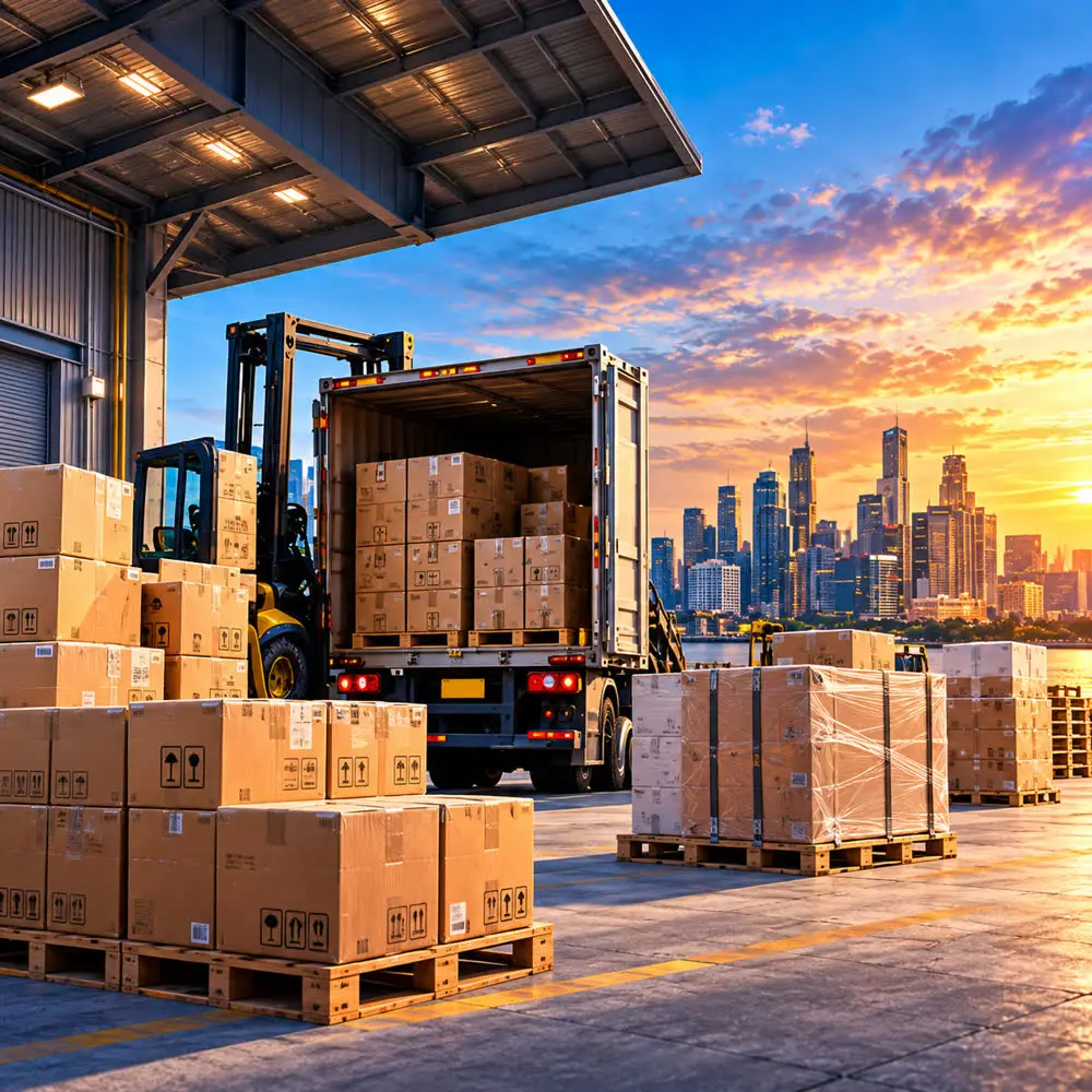 Cartons and pallets being loaded onto a truck with a forklift
