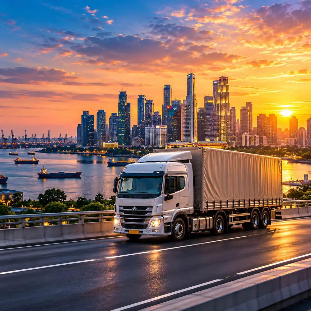 Side-curtain truck on the highway at sunset