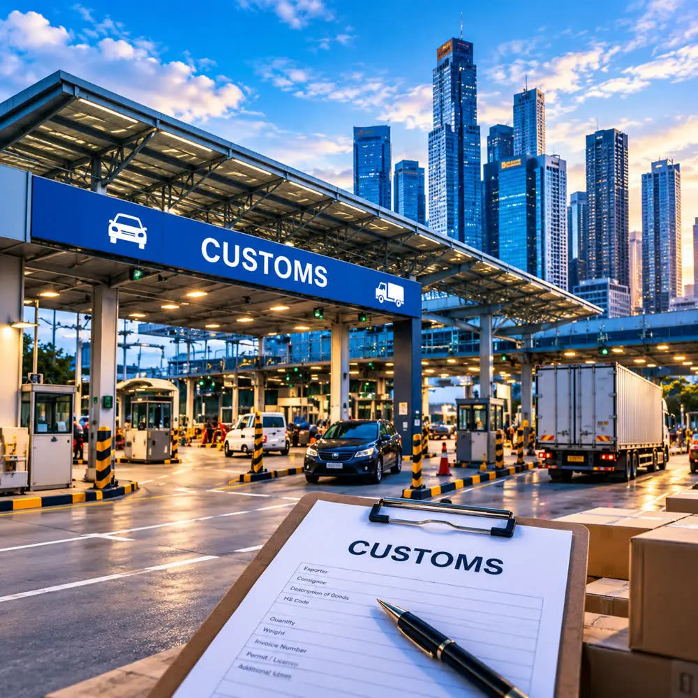Customs checkpoint lane with a clipboard of customs documents