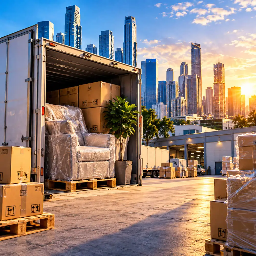 Household furniture wrapped and loaded for a relocation