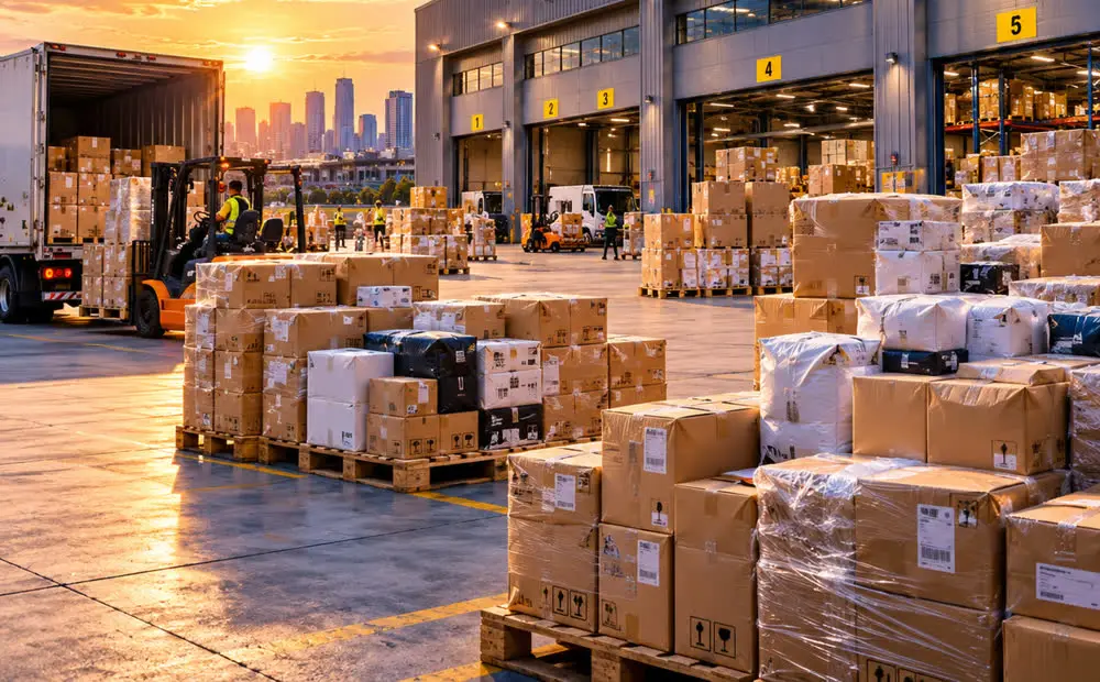 Cartons and pallets staged outside a loading bay